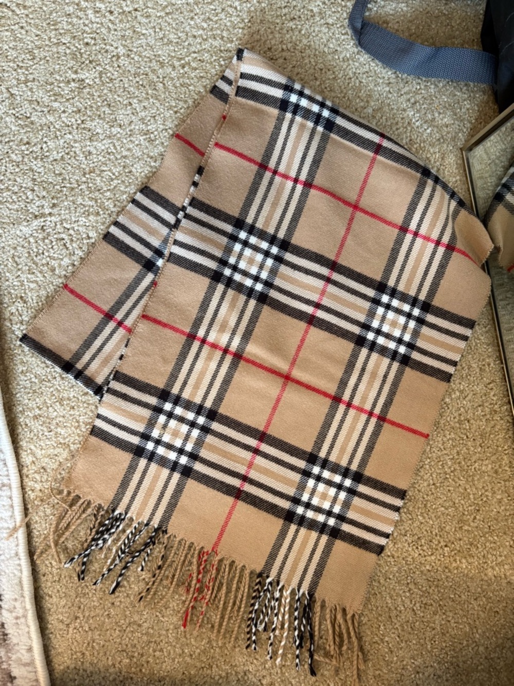 Amazon Beige Plaid Scarf with Black, White and Red Stripes